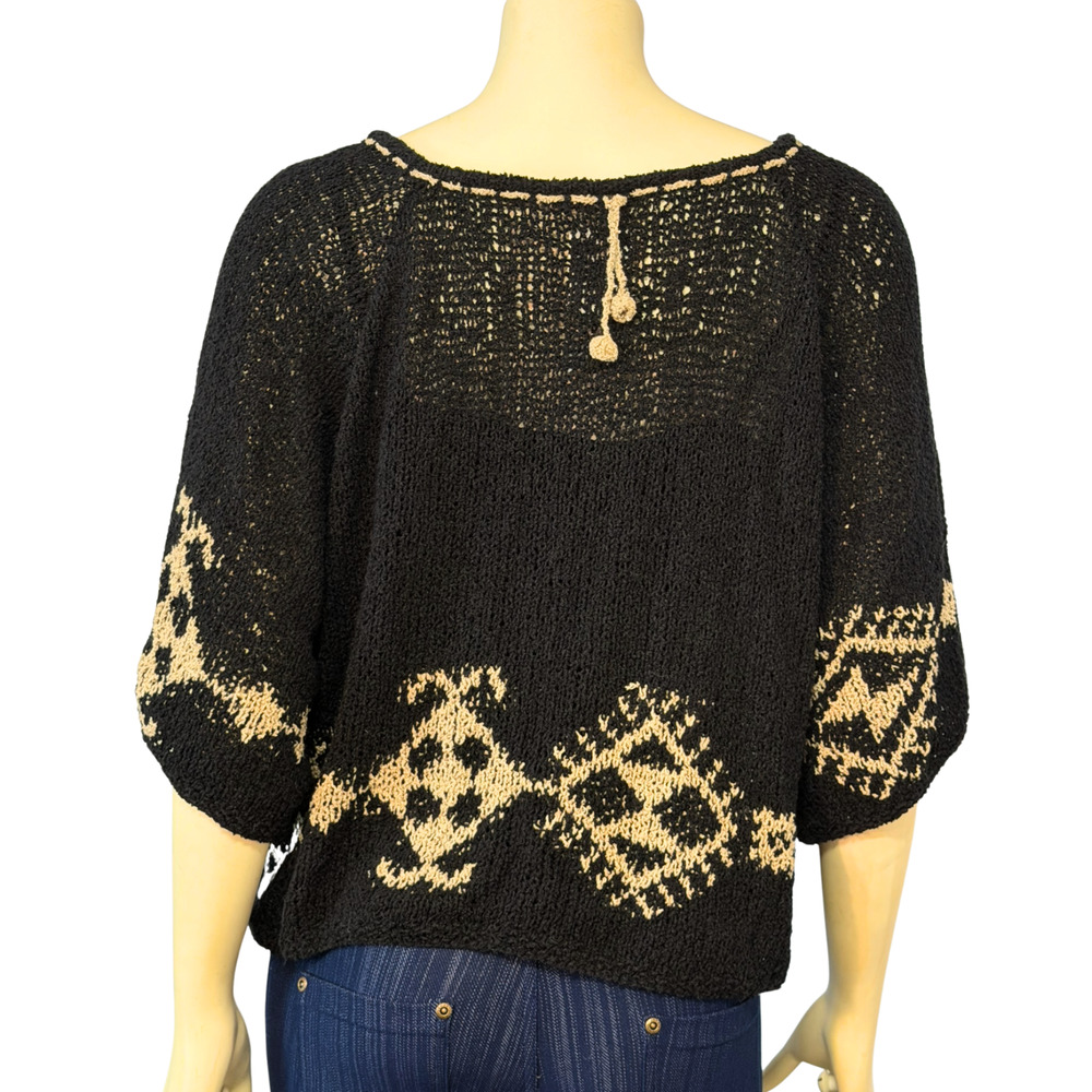 Amano One Size Folk Style Tie-Front Cardigan Black Open Knit Made in Bolivia New - Picture 4 of 10